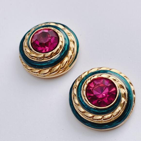 VTG Signed Swarovski Crystal Dome Stud Earrings 80s 90s Teal Enamel Fuchsia - Picture 14 of 14
